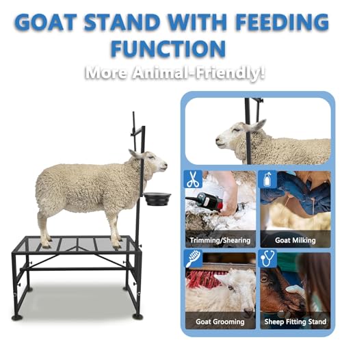 600 LBs Goat Stand with Feed Bin, Goat Milking Stand for Sheep Trimming and Milking, Hoof Trimming Stand Adjustable Size, with Feeder, Iron Black - color: Black, size: L - 47 inch