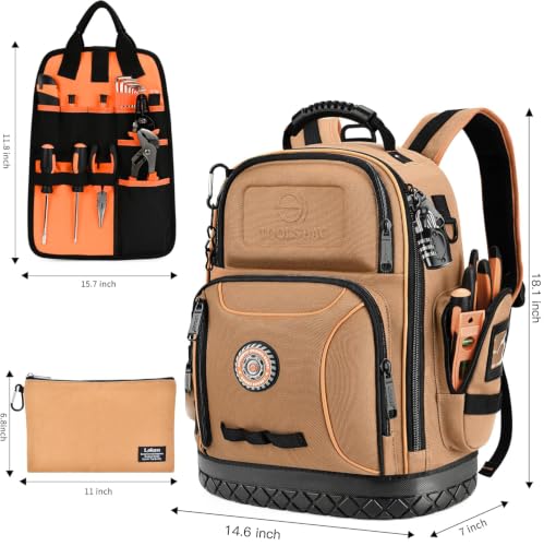 Tool Bag Backpack with 2 Canvas Tool Pouch Tool Kit, 75 Pockets & Loops Heavy Duty Tools Organizer/HVAC Tool Carrier for Eelectrician/Construction Work with Molded Base and Combination Lock, Brown - color: Brown2