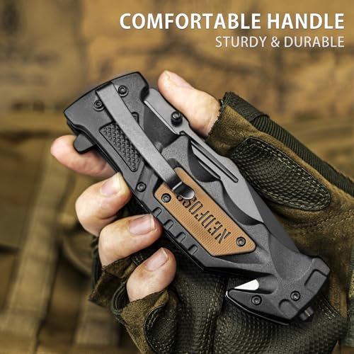 NedFoss Pocket Folding Knife Gift for Men DA75, 3 in 1 Pocket Knife for Men | 3.9” Serrated Blade, Survival Knife with Liner-Lock Belt Clip, Seat Belt Cutter, Glass Breaker, Tacical Gear, Hunting knife - color: Black-Serrated Blade