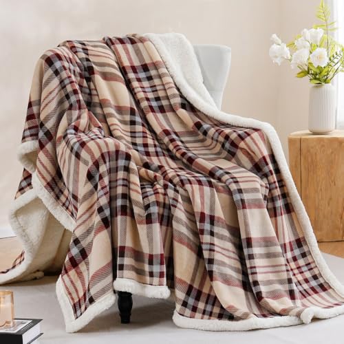 PU MEI Sherpa Fleece Throw Blanket 60" x 80" Reversible Plush Fluffy Large Big Blanket Lattice Flannel Blankets for All Season Use, Beige Stripe - color: Beige Stripe, size: 60"*80"