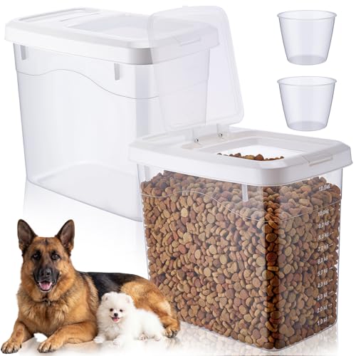 2 Pack 20 Lbs Airtight Dog Food Storage Container with Scoops | 2 Measuring Cups, Flip Lids, Clear Bins with Markings, Preserve Freshness, Pet Dog Cat Rice Grain Treat Storage - size: 20 Lbs