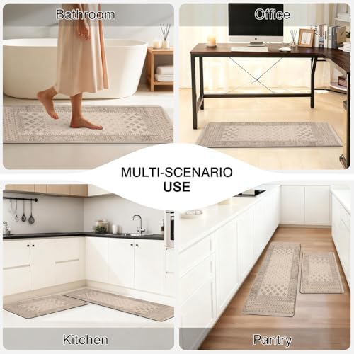 Kitchen Anti-Fatigue Mat, 2PCs, 17.3"x47"+17.3"x29", 0.4" Thick | PVC Non-Slip Cushioned Comfort Washable Floor Rug, Ergonomic Standing Rugs, Easy Clean for Home, Sink, Laundry - color: Beige-1
