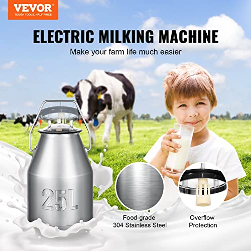 VEVOR Electric Cow Milking Machine 6.6 Gal/25 L Milker 304 Stainless Steel | Automatic Pulsation Vacuum, Portable Milker with Food-Grade Silicone Cups and Tubes, Adjustable Pressure - size: 25 L
