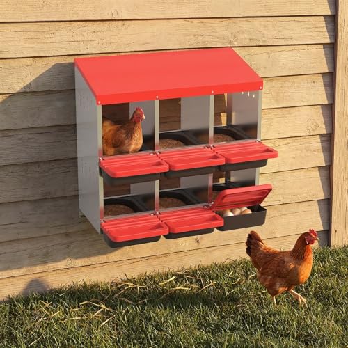 6-Compartment Chicken Nesting Box, Heavy Duty Galvanized Steel Poultry Nest Box, Wall Mount/Freestanding Design for Hens, Ducks, Backyard Homesteads & Farm Use, Red, with Soft Mats, No Stand - color: Red, size: 6 Room&Mat Board