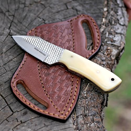 Custom Handmade 7'' fixed blade hoof rasp knife/Cow boy knife/Damascus steel Bull cutter knife, cowboy knives with pancake leather sheath (SUSA 120) - color: SUSA 120