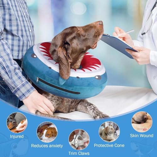 SCENEREAL Dog Cone Alternative After Surgery for Large Medium Small Dogs | Inflatable Cone Collar for Dogs Cats, Adjustable Soft Recovery Donut Collar to Prevent Licking, Shark Print E-Collars - color: Blue Shark, size: XL(Neck 18"-21")