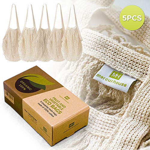 5 pack Cotton String Shopping Bags Reusable Washable Grocery Mesh Bags Organizer for Grocery Shopping Produce Net Bags with Longhandle for Fruit Vegetable Storage