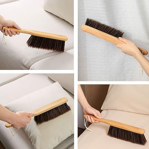 2 Pieces Dust Brush Hand Broom Wooden Bench Brushes with Soft Bristles Counter Brush with Long Wood Handle Household Cleaning Brush for Sofa Bed Fireplace Car - color: Brown
