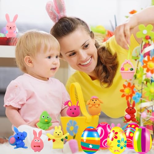 24 Pack Prefilled Easter Eggs with Squishy Toys Inside Bright Colorful Easter Eggs with Fidget Toys Great for Kids Girls Boys Easter Basket Stuffers Eggs Fillers Party Favors Gifts