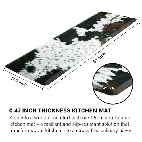 Tyrot Cowhide Kitchen Mat Cushioned Anti Fatigue, 17.3x60 | 4/5 Inch Thick, Western Cow, Bevel Edge, Non Slip PVC Waterproof, Standing Desk Ergonomic Comfort Rugs for Sink, Laundry - size: 59"L x 17.3"W x 0.5"Th