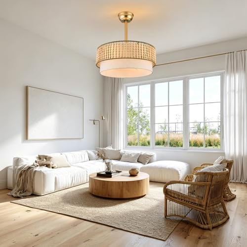 20" Gold Fandelier Ceiling Fan with Lights Boho Caged Ceiling Fan | Small Enclosed Fabric Chandelier for Bedroom Nursery Living Room, Reversible DC Motor 6 Speeds, 4 E26 Bulbs (Not Included) - color: Double Layer
