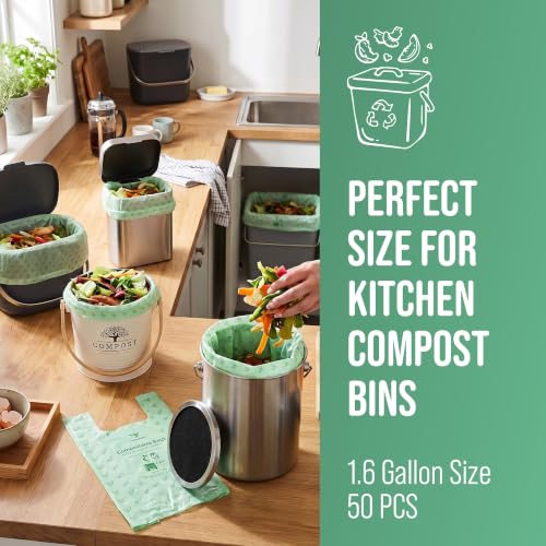50 Home Compostable Trash Bags 1.6 Gallon Easy Tie Handles | Certified Home Compostable, Leak Resistant Kitchen Compost Bags, Easy Tie Handles, Fits Most Countertop Bins