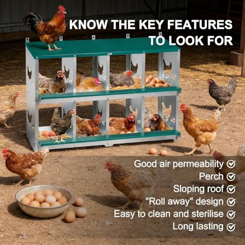 Chicken Nesting Box, 8 Compartments Nesting Box with 4 Fake Eggs & 10 Soft Nest Pads, Wall Mounting for Easy Egg Collection, Heavy Duty Galvanized Steel Rustproof Laying Box with Vented & Easy Clean - size: 8 compartment