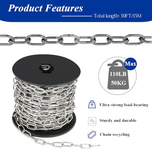 50ft Stainless Steel Chain, 2mm Hanging Chain,Jack Chain,304 Stainless Steel Metal Chains are Customizable for Hanging Bird Feeders/Dog Leashes/Signs & DIY Projects(2mm with Spool) - size: 50FT 2.0MM