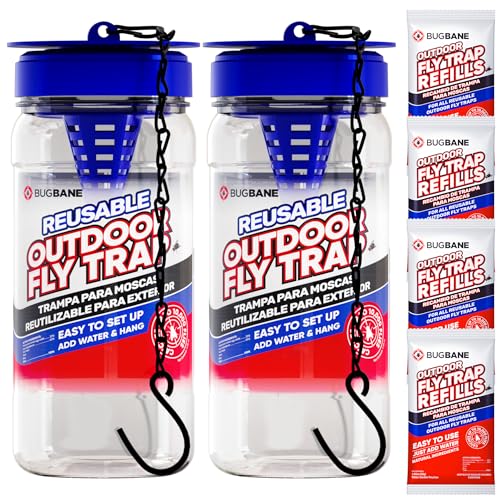 2 Fly Traps Outdoor Fly Trap for Patio with 4 Non-Toxic Dissolvable Bait Refills. Reusable Hanging Bug Catcher Killer for All Filth Flies for Outside Bug Control Yard Ranch. Hanging Chains Included. - style: 2pack
