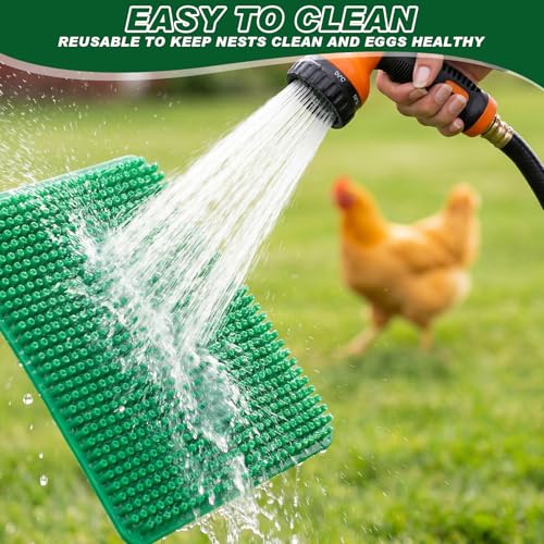 Green 6 Pack Chicken Nesting Box Pads with 6 Pcs Fake Wooden Eggs Washable Artificial Grass Nesting Pads Reusable Plastic Bedding Laying Mats for Chicken Coop, 12" x 12" - color: Green