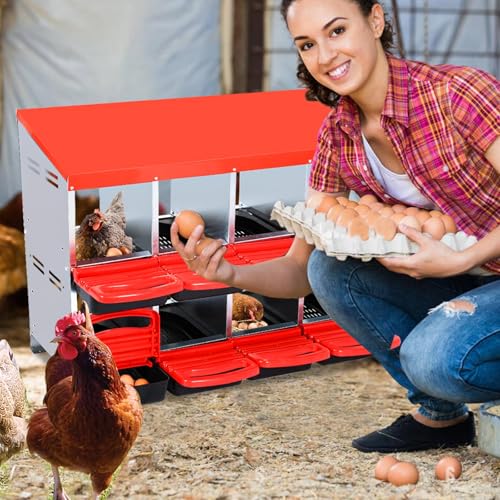 8-Compartment Chicken Nesting Box, Heavy Duty Galvanized Steel Poultry Nest Box, Wall Mount/Freestanding Design for Hens, Ducks, Backyard Homesteads & Farm Use, Red, No Stand - color: Red, size: 8 Room