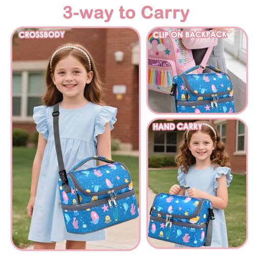 FlowFly Double Decker Cooler Insulated Lunch Bag Large Tote for Boys, Girls, Men, Women, With Adjustable Strap (Blue-Mermaid) - color: Blue-Mermaid