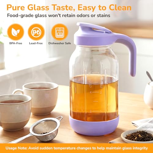 64 oz (2 Qt) Glass Mason Jar Pitcher with Pour Spout Lid & Handle | Airtight Leak-Resistant Flip-Top, Wide Mouth for Ice & Fruit, Non-Slip Silicone Base, Measuring Marks, Fridge Water/Iced Tea - color: Black, size: 64 Ounces