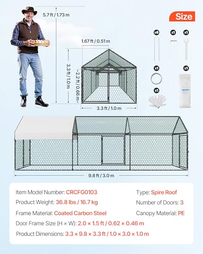 VEVOR Metal Chicken Coop for 6-8 Chickens, 3.3 x 9.8 x 3.3 ft, Small Chicken Cage with Waterproof Cover & 3 Doors, Spire Roof Poultry Run Compatible with Wooden Coops, for Rabbit Hen Goose Duck