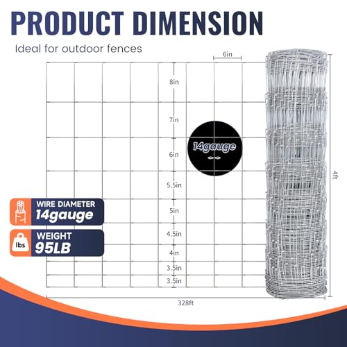 14 Gauge Cattle Fence Panels 4 ft x 328 ft Farm Fence Galvanized Cattle Fence, Pig Fence Panels, Livestock Fence, Grass Pasture Fence for Yard Livestock Animal Protection - size: 4ft×328ft