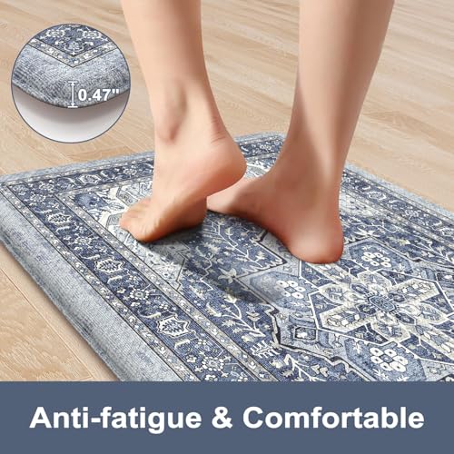 KIMODE Anti Fatigue Kitchen Mat, Cushioned Kitchen Mats for Floor 2 piece | Boho Vintage Kitchen Rugs, Comfort Foam Standing Desk Mat for Laundry, Office, Sink, Apartment Navy Blue 17"x47"+17"x29" - color: Navy Blue, size: 17.3" x 47"+17.3" x 29"--0.47 in