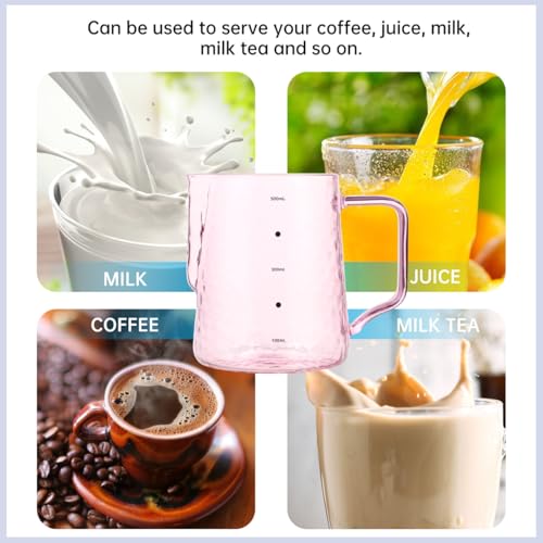 Toyvian Glass Milk Jug with Pink Scale, 500ml Heat-Resistant Borosilicate Coffee Pitcher Graduated Milk Frothing Cup with Spout Portable Glass Coffee Server for Espresso Latte Art Home Brewing