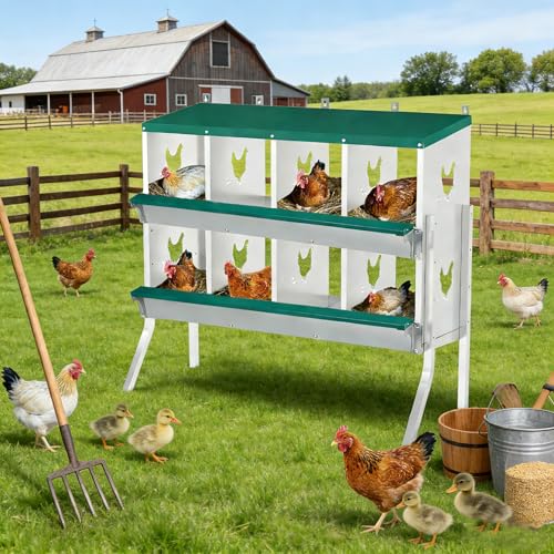 Garvee Large Metal Chicken Nesting Boxes for Hens, 8 Compartment Galvanized Steel Nesting Box with Legs, Includes 4 Fake Eggs & 10 Soft Nest Pads, Wall Mount or Freestanding for Coop & Farm - style: 8 Holes w/ Legs