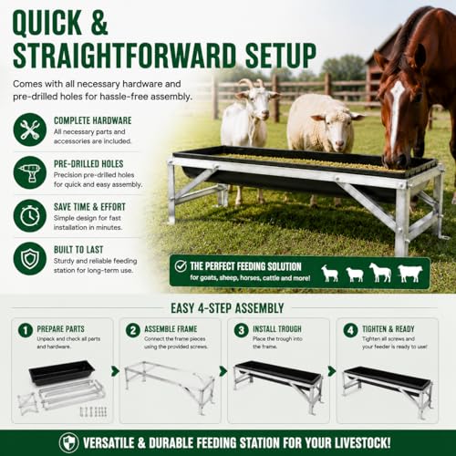 9.2 Gal Livestock Feed Trough with Stand, Heavy Duty Galvanized Steel Goat Feeder Trough for Sheep Horse Cattle, Raised Large Capacity Farm Animal Feeding Pan - color: Silver+Black