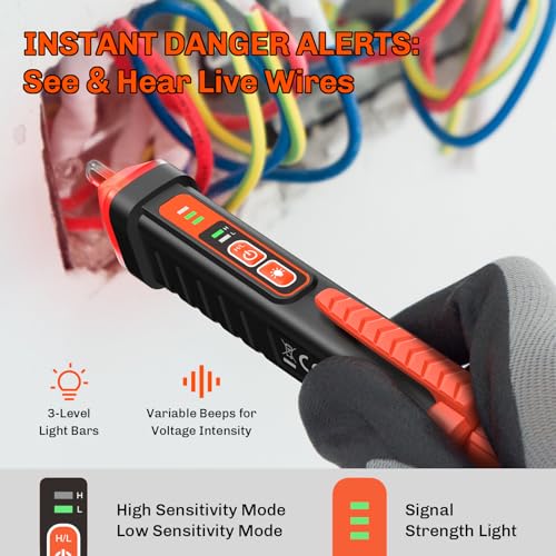 Non Contact Voltage Tester Pen, AC 12/48-1000V Electric Tester Pen | Electrical Tester Pen, Dual Sensitivity AC Checks, Live/Neutral Wire ID, Audible/Visual Alarm, LED Light, CAT III/CAT IV