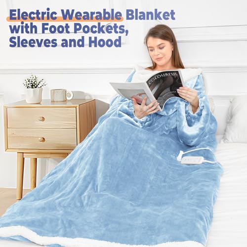 Wearable Heated Blanket with Foot Pocket, Electric Wearable Throw Blanket with Sleeves, Hood, Portable Heated Blanket with 8 Heat Settings, 1-10 Hours Auto Shut-off, Gift for Family, Friends, 50*70" - color: Light Blue