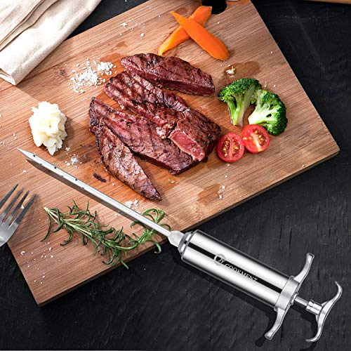 Meat Injector Syringe 2-oz Marinade Flavor Barrel 304 Stainless Steel with 3 Professional Needles 2 Cleaning Brushes and 4 Silicone O-Rings