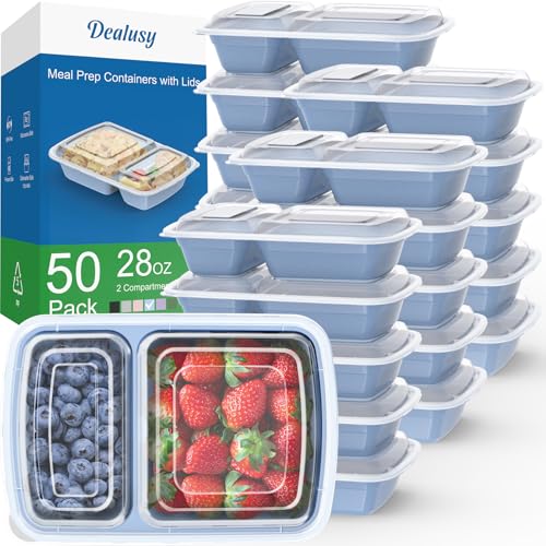 Dealusy 50 Pack 28 oz Meal Prep Containers with Lids 2-Compartment, Blue | Sturdy Leakproof & Food Safe, Microwave, Freezer, Dishwasher Safe Prep Containers, To Go Take Out Plastic Food Storage - color: Blue