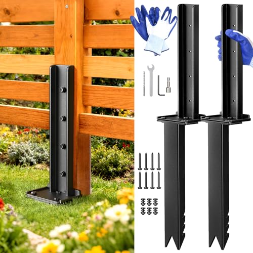 Goovilla Fence Post Repair Kit for Broken/Leaning/Tilted/Degraded Wood,2Pcs | Heavy Duty Fence Post Anchor Ground Stakes, Robust Quick-Fix Wood Support with Gloves/Installation, Easy to Install,Black
