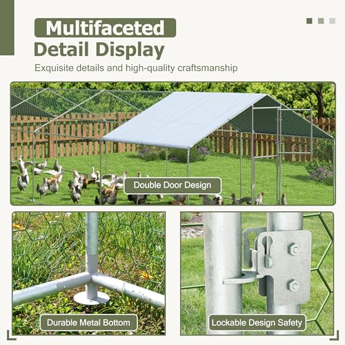 Large Metal Chicken Coop,19.7x9.8x6.4 FT Chicken Run for Yard with Waterproof & Anti-UV Cover,Walk in Chicken Pen with Feeding Door (32.8 * 9.8 * 6.4 ft) - size: 393.5"L x 118.1"W x 76.8"H
