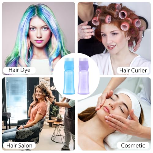 Root Comb Applicator Bottle 6 OZ, Hair Oil Applicator Bottles for Scalp with Massage Comb, 2 Pack Hair Dye Applicator with Graduated Scale (Purple, Blue)