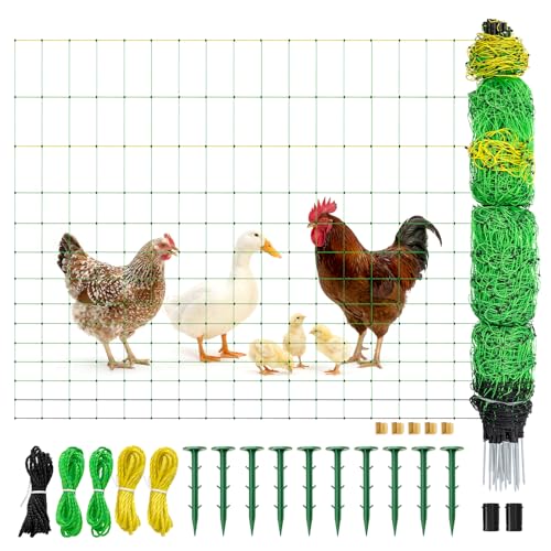 Electric Poultry Netting 47.5" H x 164' L, Portable Electric Chicken Fence for Chickens, Ducks, Geese & Turkey, Anti-Predator Poultry Net Fencing with Double Spike Posts for Backyard, Farm & Homestead - size: 47.5" H x 164' L Poultry