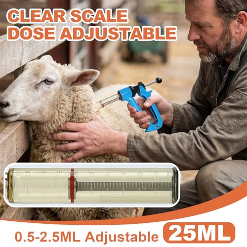 25ml Semi-Auto Repeating Livestock Syringe Gun, 5 Dose Settings | Ergonomic Grip, Clear Barrel & Luer Lock, Vet Injector for Cattle, Horses, Goats, Sheep & Pigs - color: Blue25ML