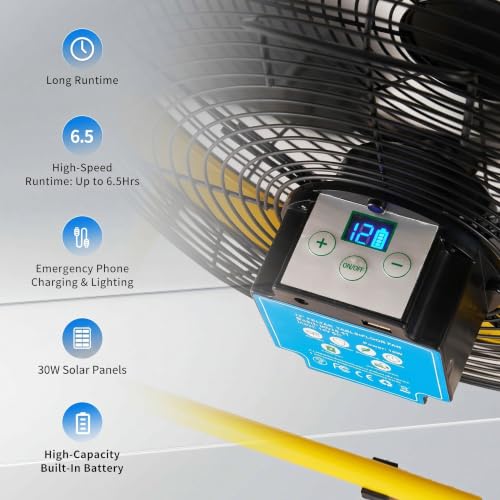 18in 30W solar panel fan Quiet 3-Blade Yellow | 30W High-Efficiency Solar Panel, Quiet, Waterproof, Rechargeable 24000mAh, For Outdoor, Camping, Pet House