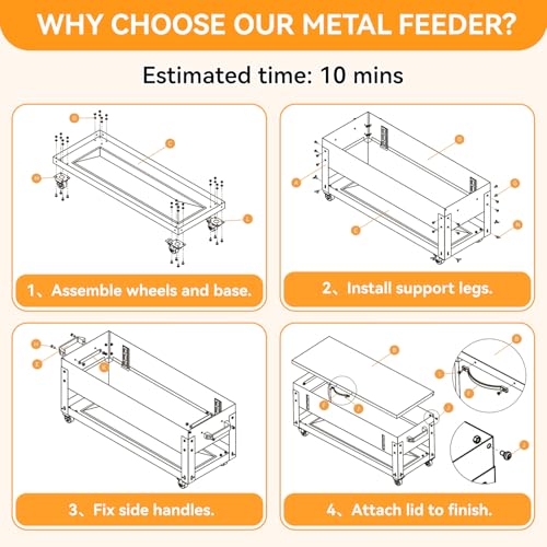 120 LB Large Chicken Feeder No-Waste, Heavy Duty Galvanized Metal Poultry Feeder with 360 Swivel Wheels, Rainproof Automatic Gravity Trough for Outside Coop, Chickens, Ducks, Geese