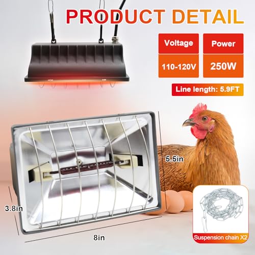 Chicken Coop Heater Lamp 250W Winter Hanging Heat Lamp for Chickens Incubators Temperature Adjustable Chicken Brooder Heating Heaters for Dog Kennel Poultry House