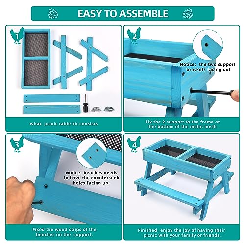 Chicken Picnic Table, Chicken Feeder No Waste Handmade Wooden, Large DIY Chicken Feeder Kit, Wild Bird, Duck & Squirrel Feeders, Mesh Bottom Keep Food Fresh and Dry Easy to Clean and Fill（Blue Paint） - color: Blue Solid Wood