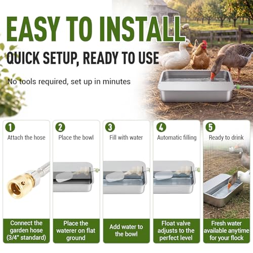 Shimeyao 3 Gallon Automatic Chicken Water Dispenser 304 Stainless Steel Large Capacity Self Filling Poultry Waterer for Hens Ducks Livestock Sturdy Gravity Fed with Float Valve Drinking Bowl