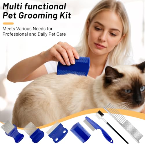 7PCS Flea Comb Set for Cats & Dogs, Pet Comb, Dog Eye Comb, Tick Comb | 7 combs for flea removal, tear stain cleaning and grooming with stainless steel and plastic for cats and dogs.