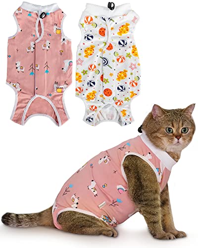 ANWA 2 Pack Cat Recovery Suit - Breathable Cat Onesie for Cats After Surgery Female, Kitten Surgery Recovery Suit Female Abdominal Wounds - color: Alpaca + Candy, size: Large
