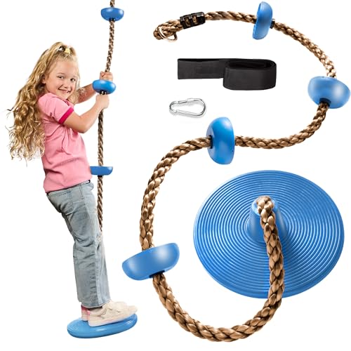 Jungle Gym Kingdom Tree Swing for Kids - Single Disc Seat and Brown Climbing Rope Set w/Carabiner and 4 Foot Strap - Treehouse and Outdoor Playground Accessories - Blue - color: Blue Disc/Brown Rope Swing