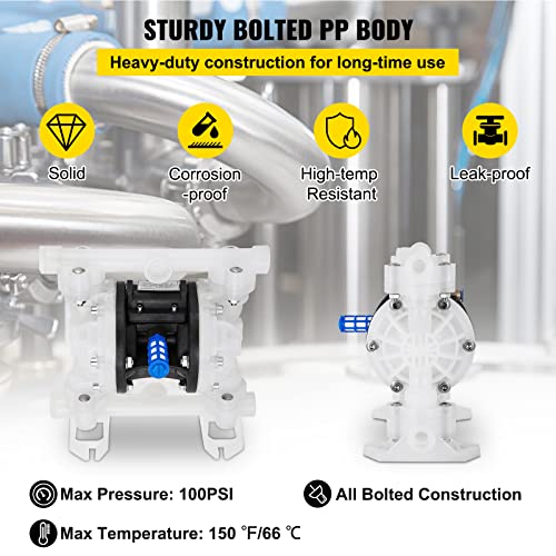 VEVOR Air-Operated Double Diaphragm Pump, 1/2 in Inlet & Outlet, Polypropylene Body, 8.8 GPM & Max 120PSI, PTFE Diaphragm Pneumatic Transfer Pump for Petroleum, Diesel, Oil & Low Viscosity Fluids - size: 8.8 GPM