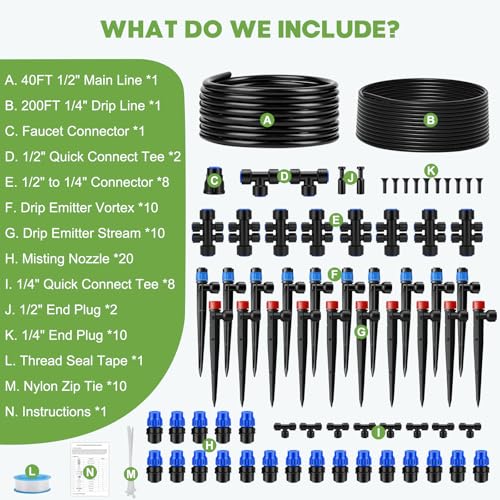240FT Quick-Connect Drip Irrigation System | Automatic Garden Watering System Kit with 1/2" & 1/4" Fast-Lock Fittings, Adjustable Sprinklers for Raised Beds/Garden/Lawn - size: 40FT 1/2”(OD) Tube + 200FT 1/4”(OD) Tube