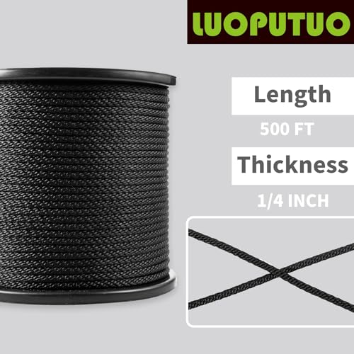 1/4 Inch × 500 FT Black Polyester Solid Braid Rope – UV & Abrasion Resistant, Low Stretch, Multipurpose for Flagpole Halyard, Clothesline, Camping, and Utility Tasks - size: 1/4 In×500 FT