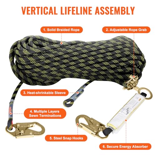 VEVOR Vertical Lifeline Assembly, 0.55'' x 50' Fall Protection Rope with 30 KN Breaking Tension, Polyester Roofing Rope with Steel Snap Hooks, Rope Grab, and Shock Absorber, ANSI Compliant - size: 50FT